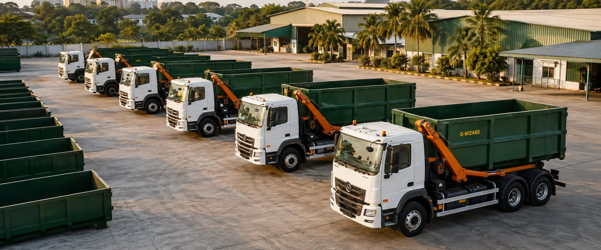 Illustrative scene of six white hook-lift trucks with green RORO bins and orange lifting arms in a Malaysian yard.