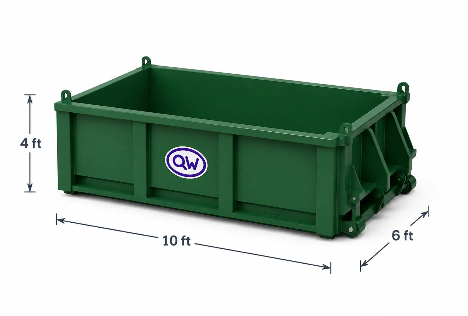 Technical render of a 12 cubic yard Q-Wizard RORO bin, marked 10 ft long, 6 ft wide and 4 ft high.