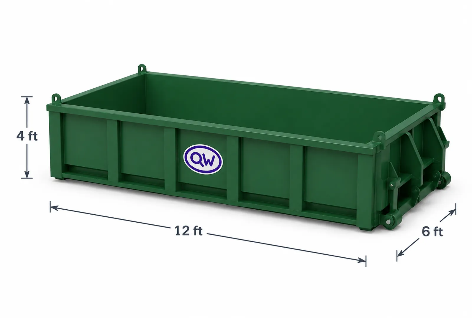 Technical render of a 12 cubic yard Q-Wizard RORO bin, marked 12 ft long, 6 ft wide and 4 ft high.