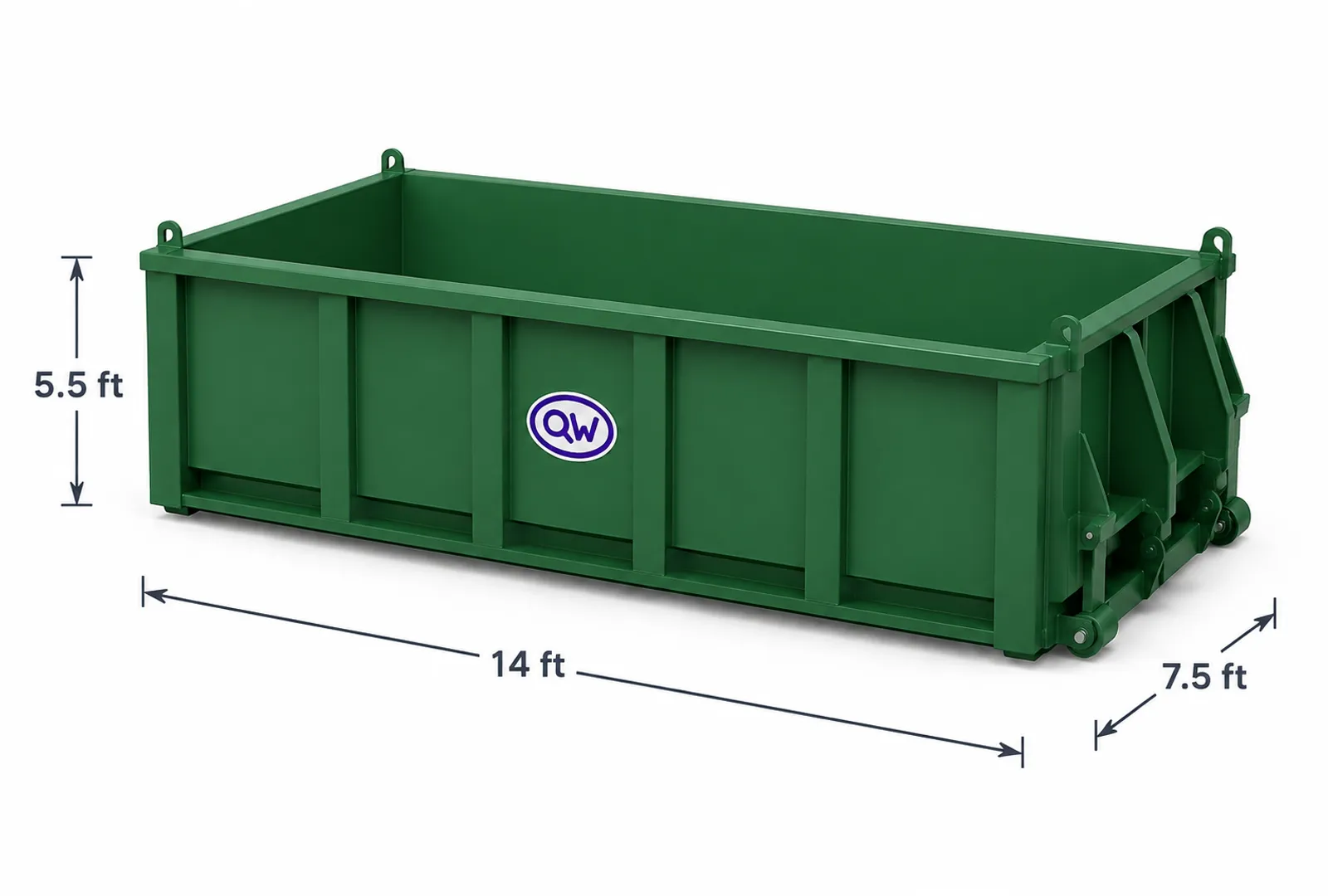 Technical render of a 20 cubic yard Q-Wizard RORO bin, marked 14 ft long, 7.5 ft wide and 5.5 ft high.