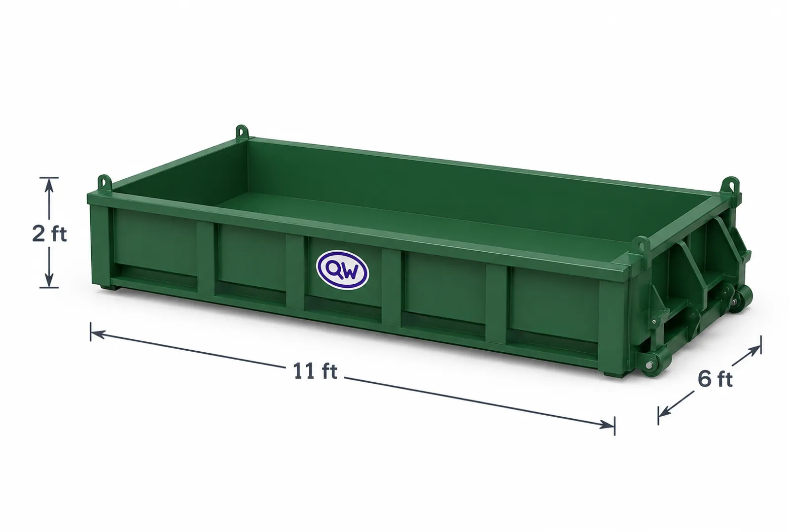 Technical render of an 8 cubic yard Q-Wizard RORO bin, marked 11 ft long, 6 ft wide and 2 ft high.