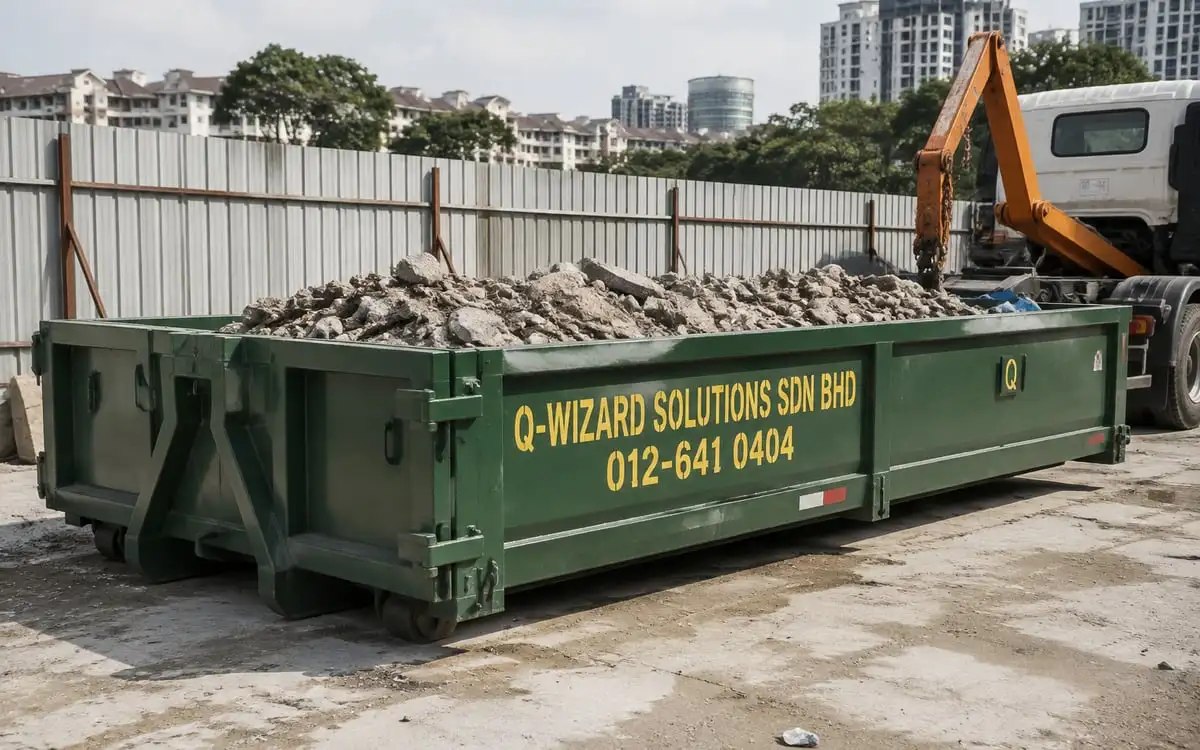 Illustration of a green RORO bin on a concrete slab with rubble and construction hoarding behind.