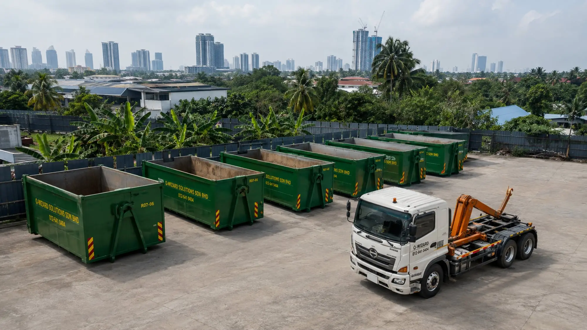 Illustrative row of green RORO bins in a tropical yard.
